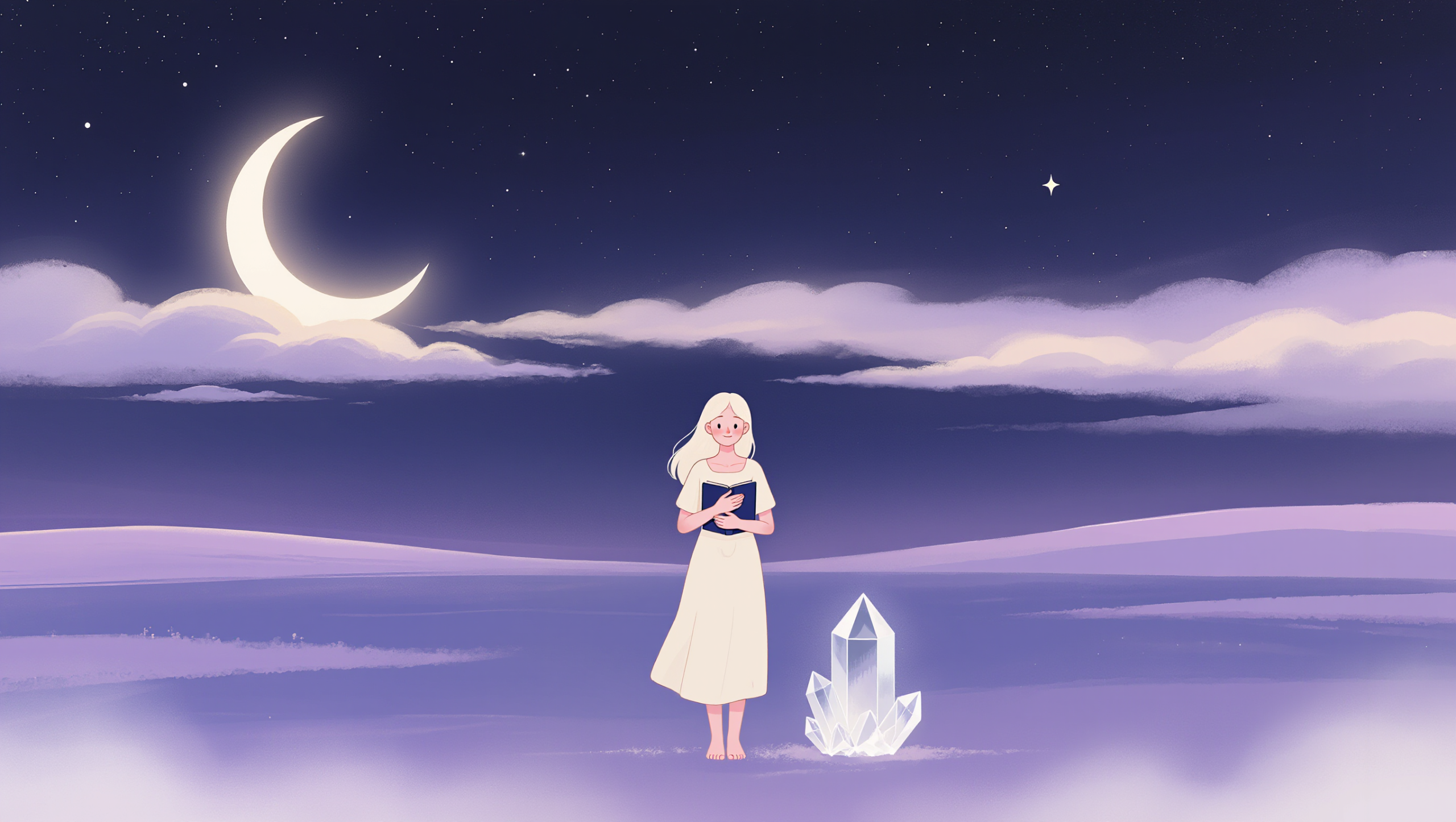 Illustration of the January 2026 New Moon with a woman holding a journal beneath a crescent moon, symbolizing intention setting, reflection, and new beginnings.